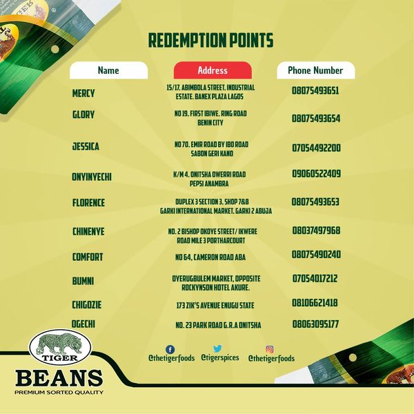 Tiger Beans Redemption points nationwide