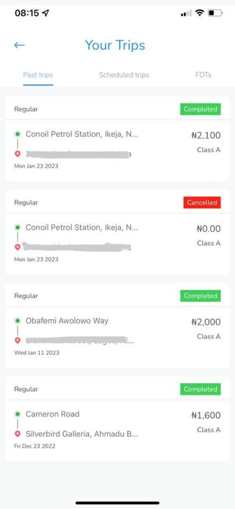 Your trips on Lagos ride