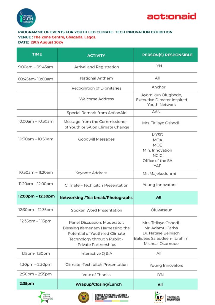 Programme of Events for Youth-Led Climate Tech Innovation Exhibition