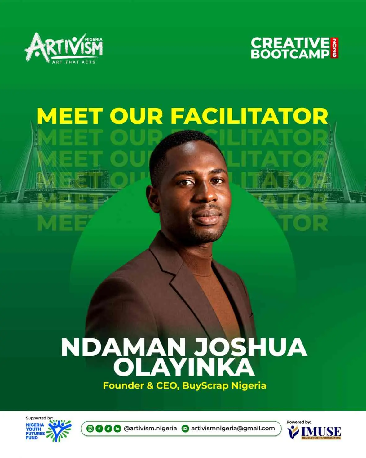 Ndaman Joshua Olayinka, a mechanical engineer and founder of BuyScrap Nigeria. Upcycling & Sustainability training programme in Lagos State focused on upcycling, climate action, textile waste reduction, electronic waste recovery, and sustainable entrepreneurship.